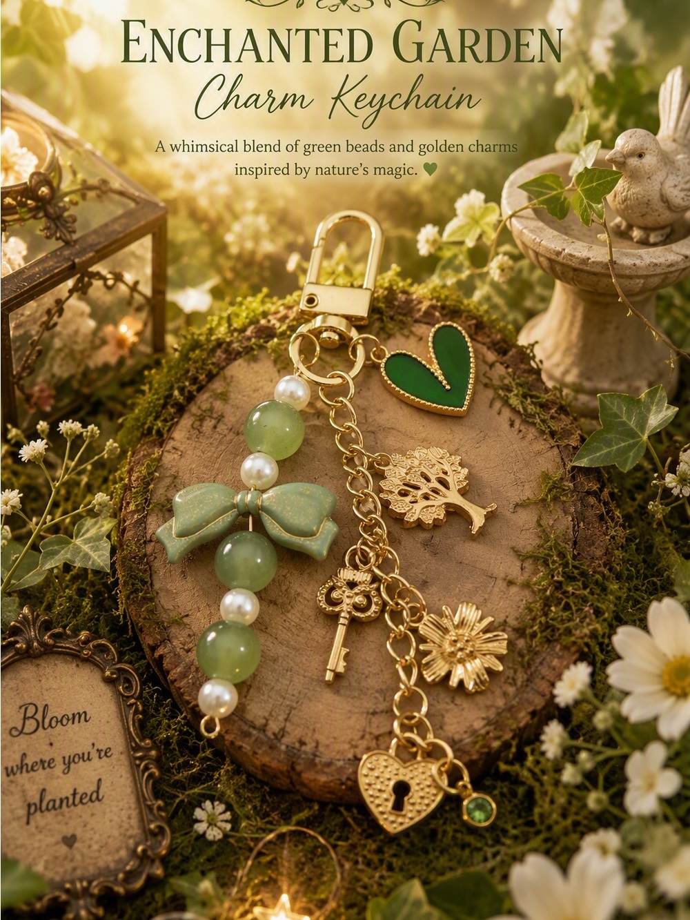 Enchanted Garden Green Charm Keychain - Gold Accents